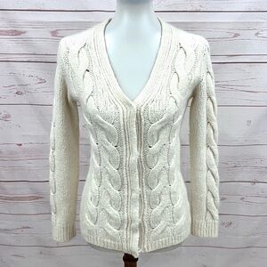 Escada Sport Cable Knit Ivory Cream Alpaca Wool Blend V-neck Cardigan Sweater